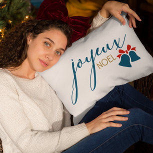 Joyeux Noel Christmas Holidays Script Bells Lumbar Pillow