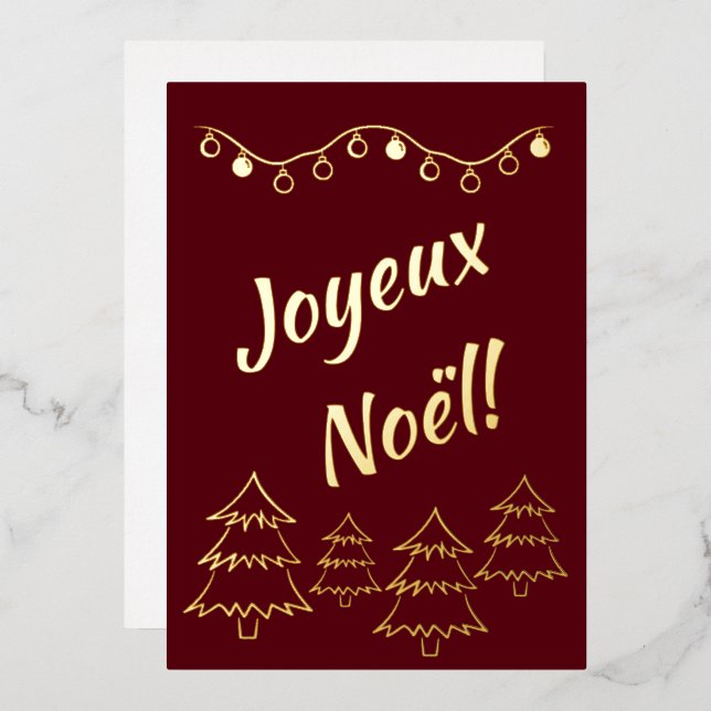 Joyeux Noel Christmas Lights Xmas Tree Red Foil Holiday Card (Front/Back)