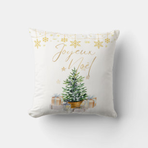 Joyeux Noel Christmas Tree Gold Snowflakes Throw Pillow
