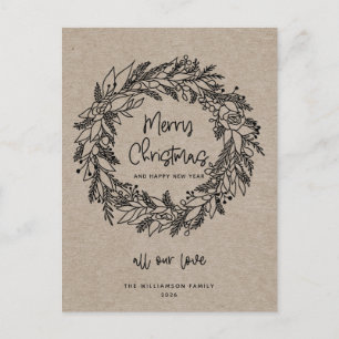 Joyeux Noël Couronne de Fêtes Rustique Carte Kraft