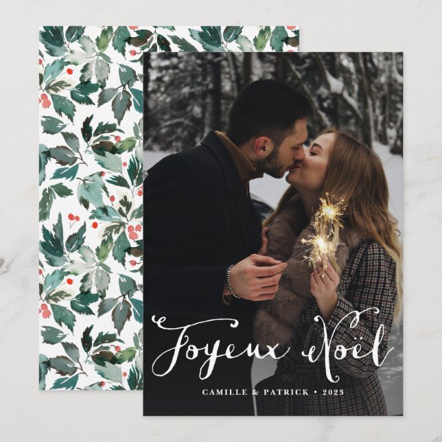 Joyeux Noël Cursive Lettering Christmas Photo Holiday Card (Front/Back)