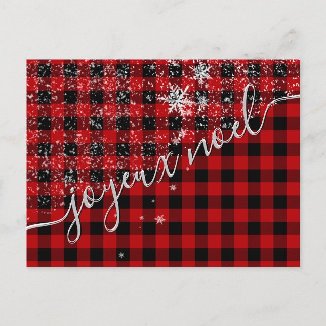 Joyeux Noël de Script de Neige Plaid Buffle Rouge Postcard (Front)