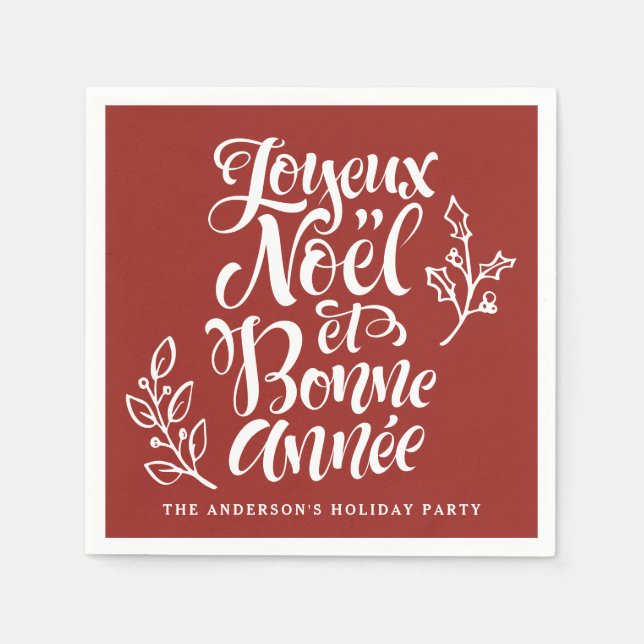 Joyeux Noël et Bonne Année Calligraphy Red Napkin (Front)