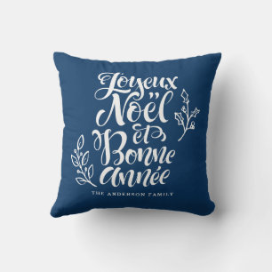 Joyeux Noël et Bonne Année Modern Script Navy Blue Throw Pillow