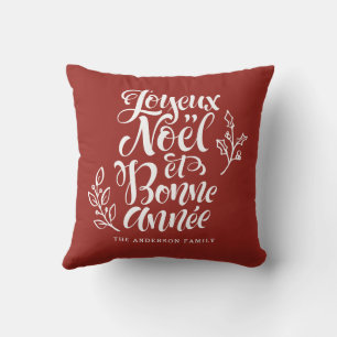 Joyeux Noël et Bonne Année Modern Script Red Throw Pillow