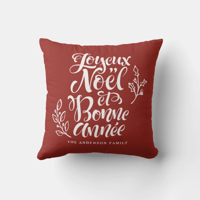 Joyeux Noël et Bonne Année Modern Script Red Throw Pillow (Back)