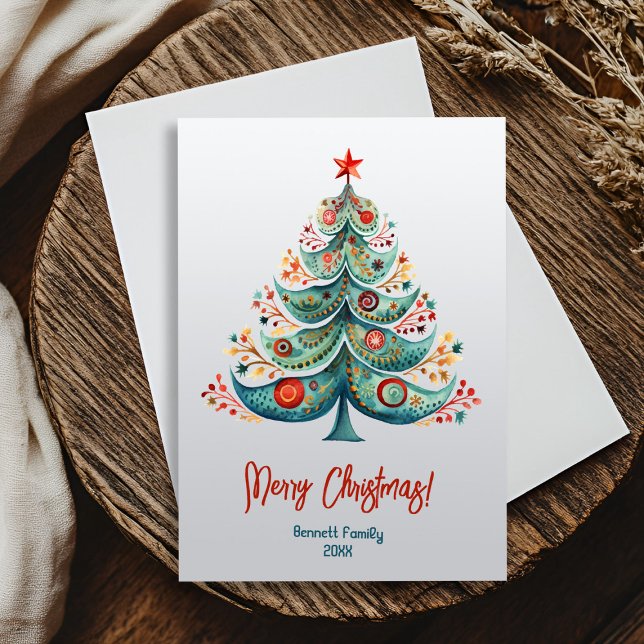 Joyeux Noël famille carte arbre de Noël (Simple, beautiful, unforgettable 🎄 Watercolor Scandinavian Christmas magic!)