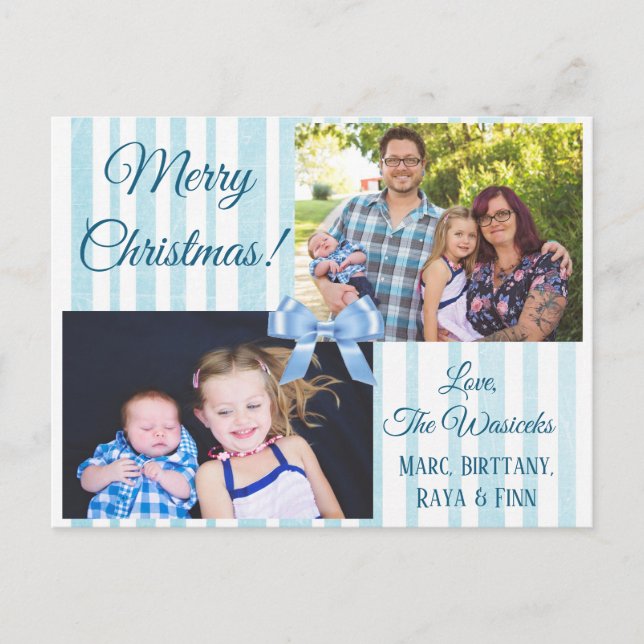 Joyeux Noël Famille Photo Blue Bow Carte postale (Devant)