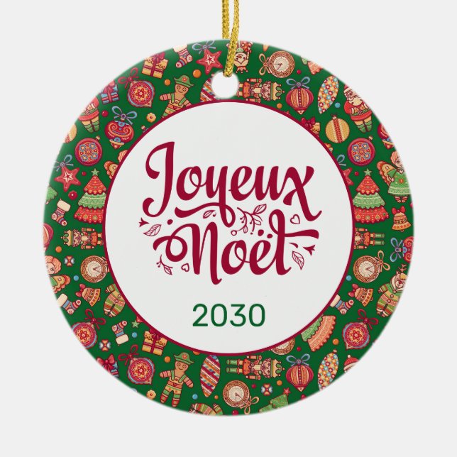 Joyeux Noel Folk Art Green Custom Ceramic Ornament (Front)