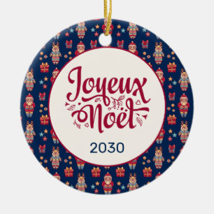 Joyeux Noel Folk Santa Reindeer Blue Custom Ceramic Ornament