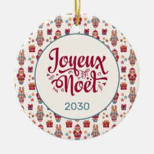 Joyeux Noel Folk Santa Reindeer Cream Custom Ceramic Ornament