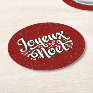 Joyeux Noël French Christmas Text Round Paper Coaster