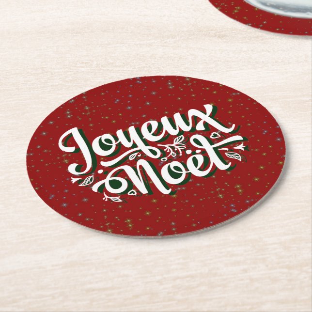 Joyeux Noël French Christmas Text   Round Paper Coaster (Angled)