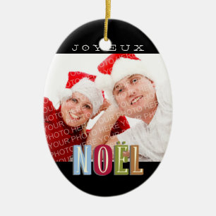Joyeux Noel funky red green blue christmas holiday Ceramic Ornament