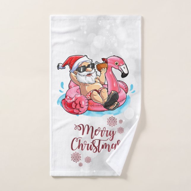 Joyeux Noël Funny Père Noël, Flamant rose rose (Serviette à main)