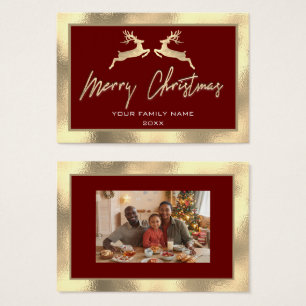 Joyeux Noël Gold Family Photo Burgundy Deer