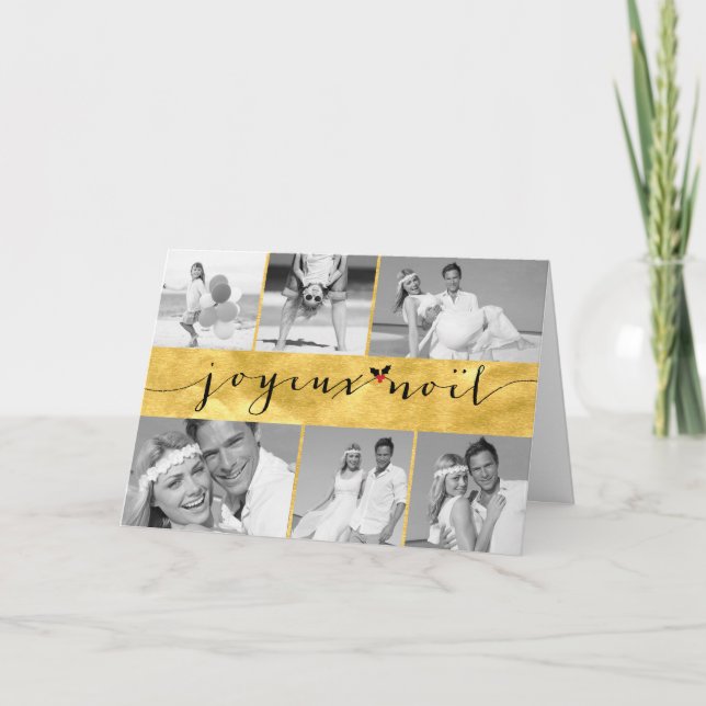 Joyeux Noel Gold Foil Christmas 6 Photo Collage Holiday Card (Front)