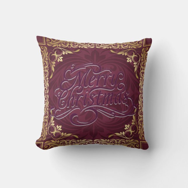 Joyeux Noël Gold Maroon Coussin décoratif (Recto)