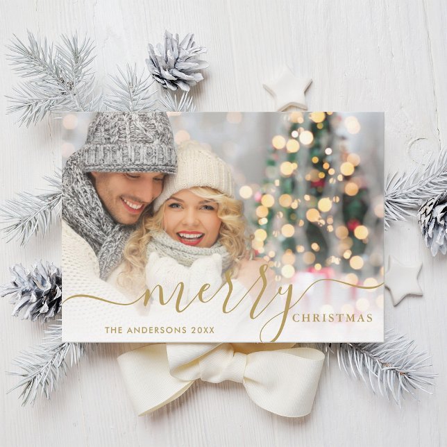 Joyeux Noël Gold Script Carte photo de vacances (Créateur téléchargé)