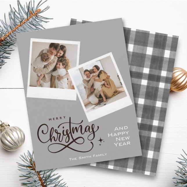 Joyeux Noël gris Plaid Holiday 2 Photos Carte (Créateur téléchargé)