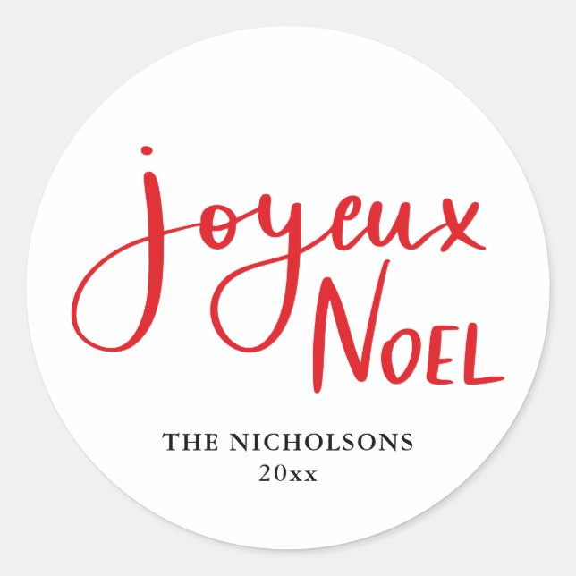 Joyeux Noel Handwritten Red Script  Classic Round Sticker (Front)