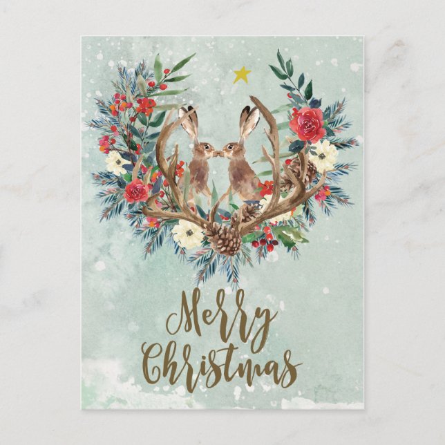 joyeux Noël hivernal lièvres floral carte postale (Devant)