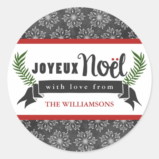 Joyeux Noel Holiday Gift Tag Stickers / Grey (Front)