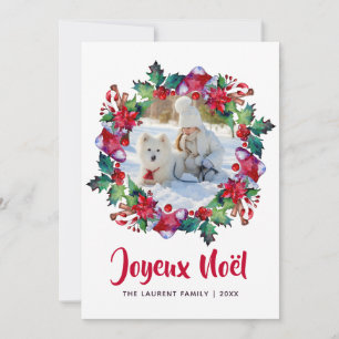 Joyeux Noël Holiday Stocking Floral Wreath Photo Card