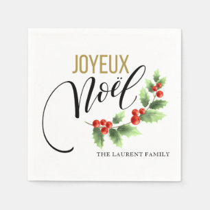 Joyeux Noël Holly Photo Personalized   Christmas Napkin