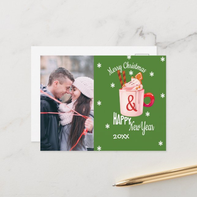 Joyeux Noël Hot Coco Couple Photo Carte postale (Devant/Arrière en situation)