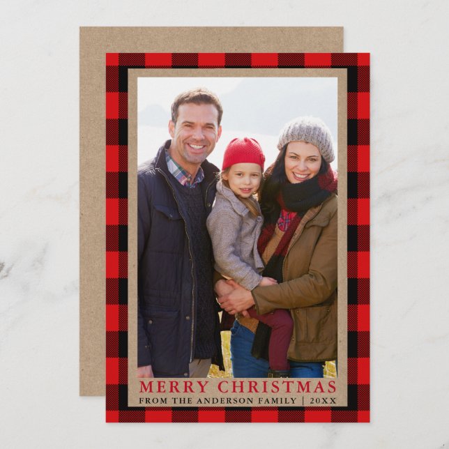 Joyeux Noël Kraft Tartan Carte photo (Devant / Derrière)