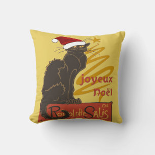 Joyeux Noel Le Chat Noir With Stylized Golden Tree Throw Pillow