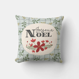 Joyeux Noel Leafy Pattern and Floral Christmas Throw Pillow