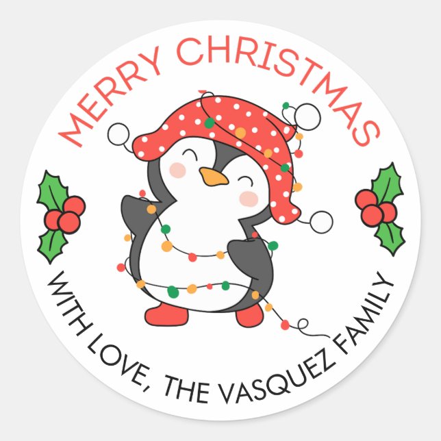 Joyeux Noël Lumières Penguin Stickers Étiquettes (Devant)