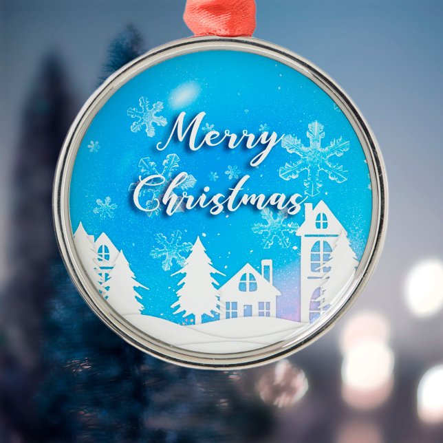 Joyeux Noël Maison Blanche Ornement bleu neige (Créateur téléchargé)