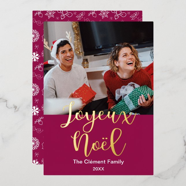 Joyeux Noël Merry Christmas In French, Elegant Foil Holiday Card (Front/Back)