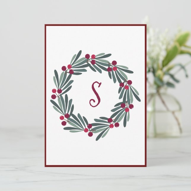Joyeux Noël Monogramme Wreath Carte de vacances (Debout devant)