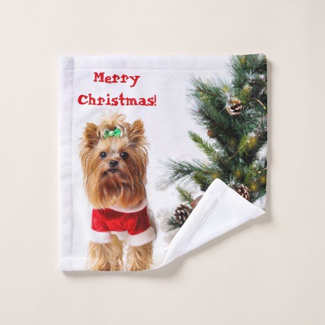 Joyeux Noël Père Noël Yorkie avec arbre de Noël (Gant de toilette)