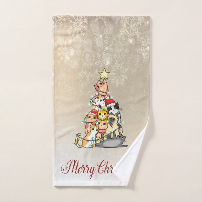 Joyeux Noël, Pine Tree Cats Snowflakes (Serviette à main)
