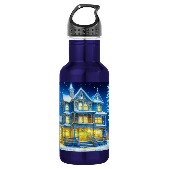 Joyeux Noël Pretty Blue Christmas House 532 Ml Water Bottle (Front)