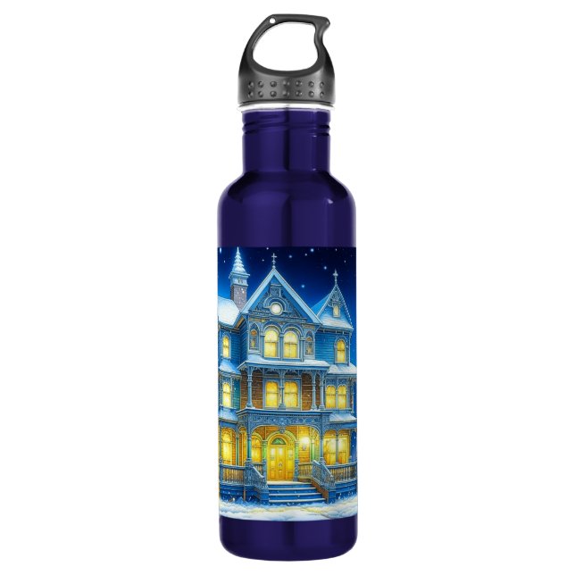 Joyeux Noël Pretty Blue Christmas House 710 Ml Water Bottle (Front)