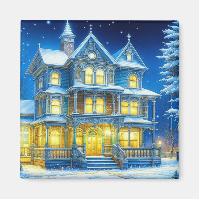 Joyeux Noël Pretty Blue Christmas House Magnet (Front)