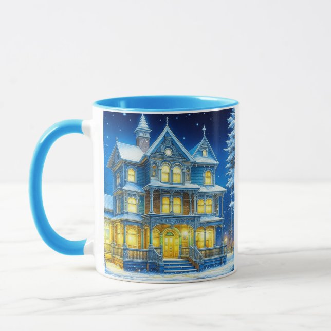 Joyeux Noël Pretty Blue Christmas House Mug (Left)