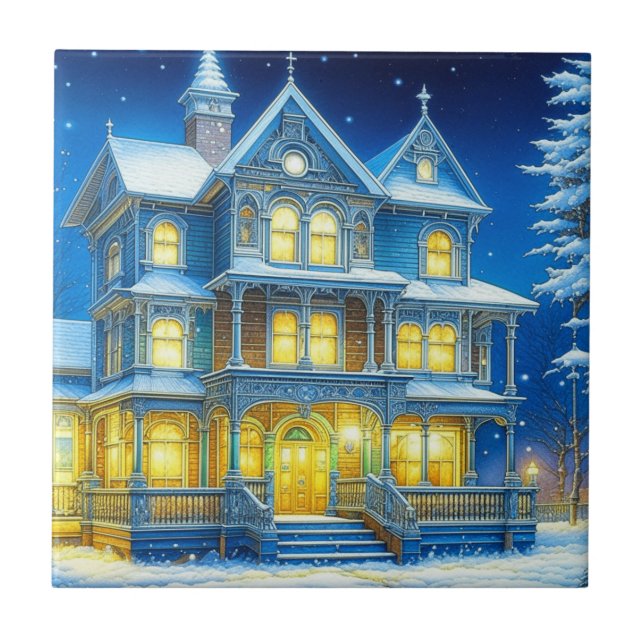 Joyeux Noël Pretty Blue Christmas House Tile (Front)