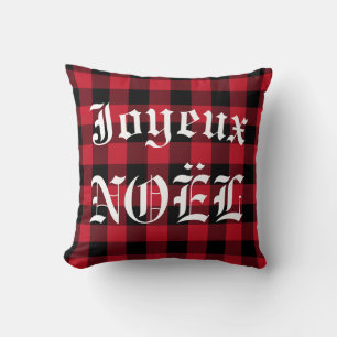 Joyeux Noel Red Black Buffalo Check Lumberjack Throw Pillow