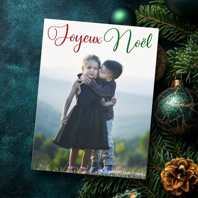 Joyeux Noël Red Green Script Folded Family Photo Holiday Postcard (Creator Uploaded)