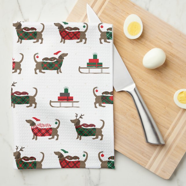 Joyeux Noël Reindeer Dachshund Serviette de cuisin (Quart Plié)
