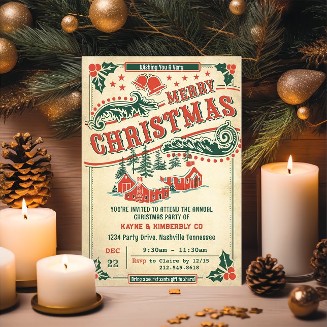 Joyeux Noël Retro Vintage Rustic Invitation (Créateur téléchargé)