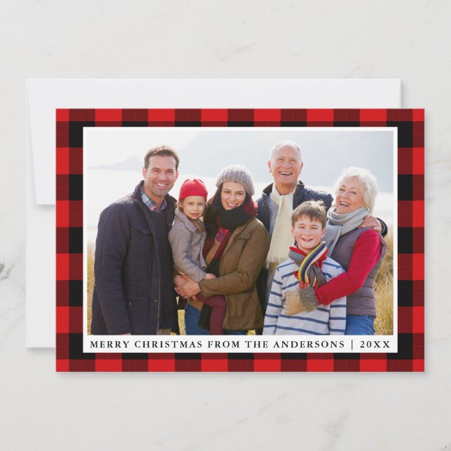 Joyeux Noël Rouge Plaid Carte photo de famille (Devant)