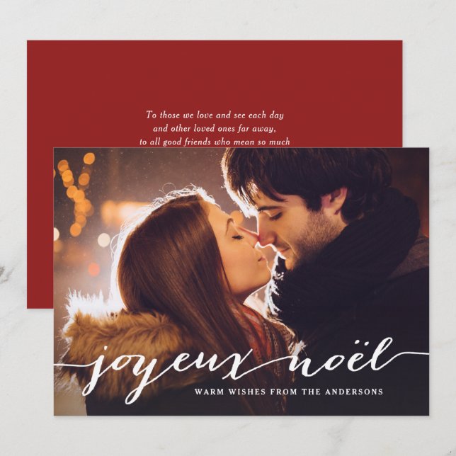 Joyeux Noël Rustic Script Christmas Photo Holiday Card (Front/Back)